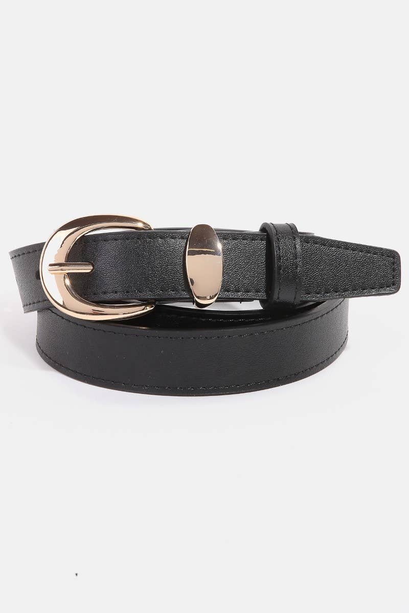 Metallic Crescent Buckle Leather Belt: Gold/BK