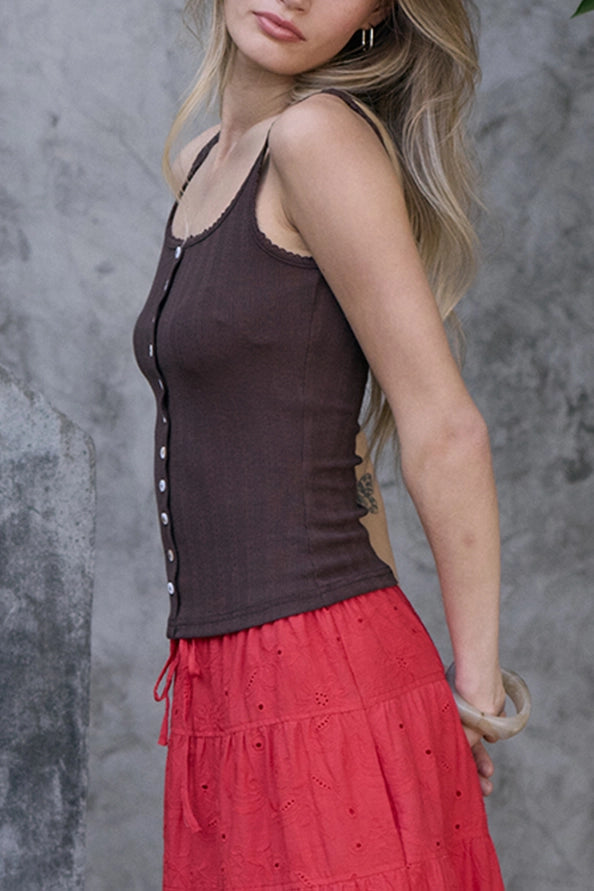 Ella Pointelle Ribbed Button Front Tank Top/Brown