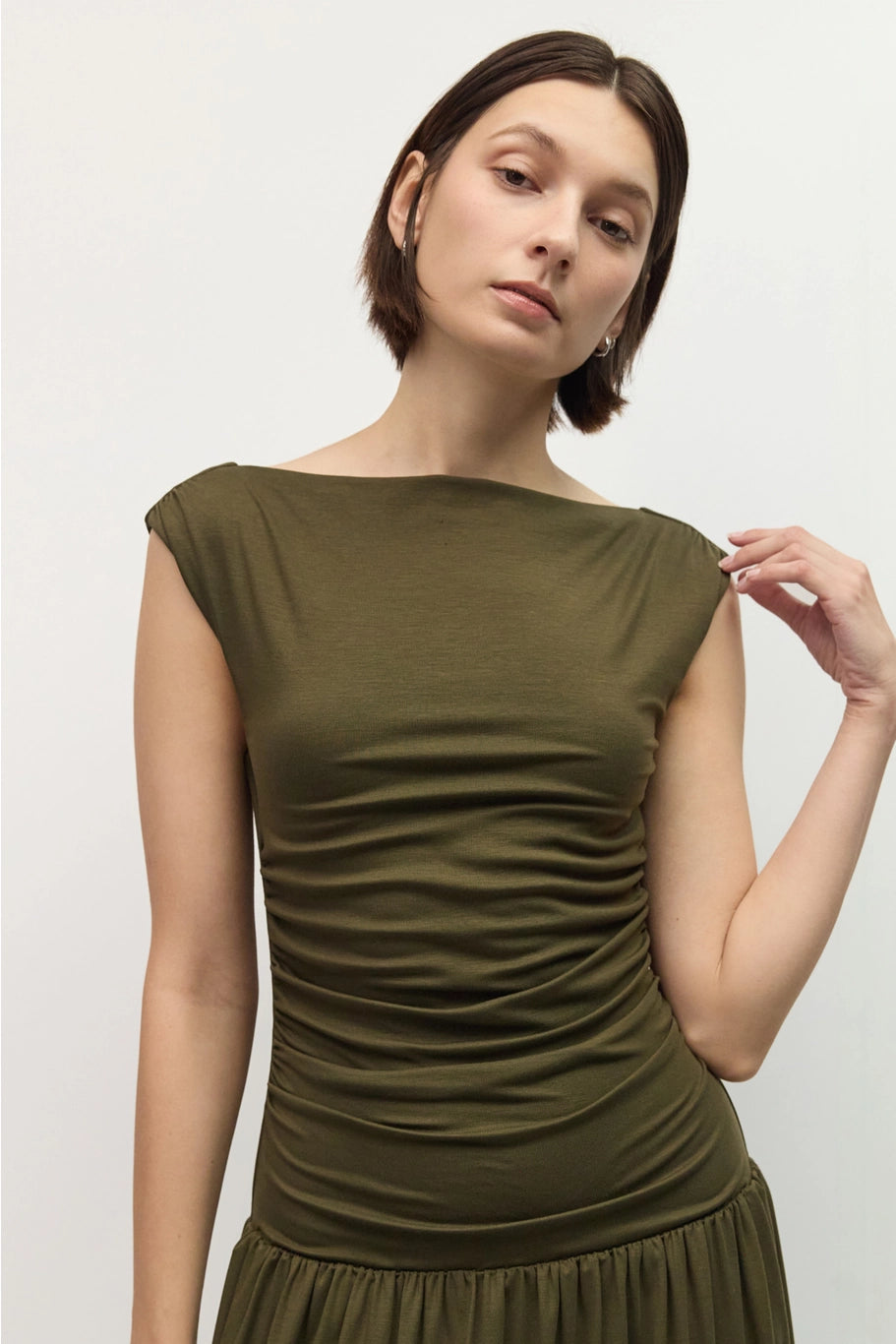 Amara Wide Cowl Neck Ruched Midi Dress/Olive
