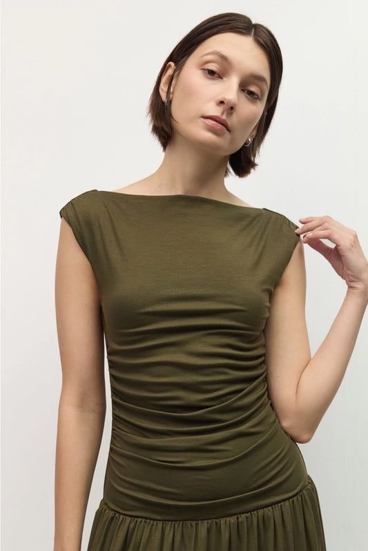 Amara Wide Cowl Neck Ruched Midi Dress/Olive
