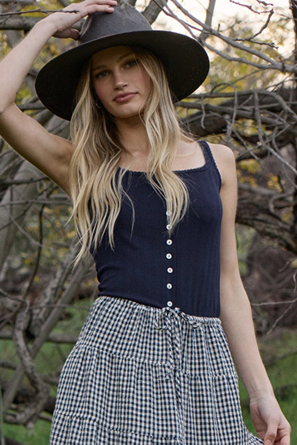Ella Pointelle Ribbed Button Front Tank Top/Navy