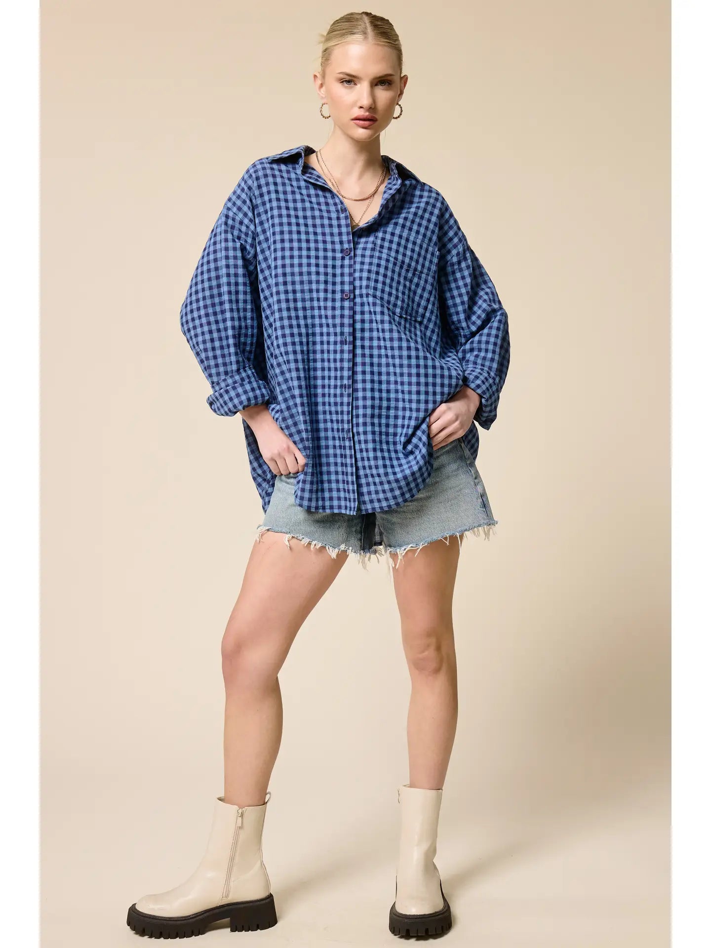 Oversized Gingham Button Down Top/Blue