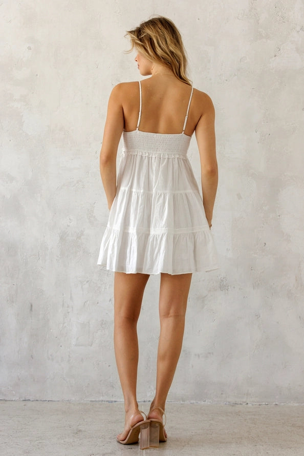 Ashley White Tiered Lace Trim Mini Dress