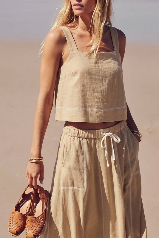 Georgia Linen Stitch Crop Top/Beige