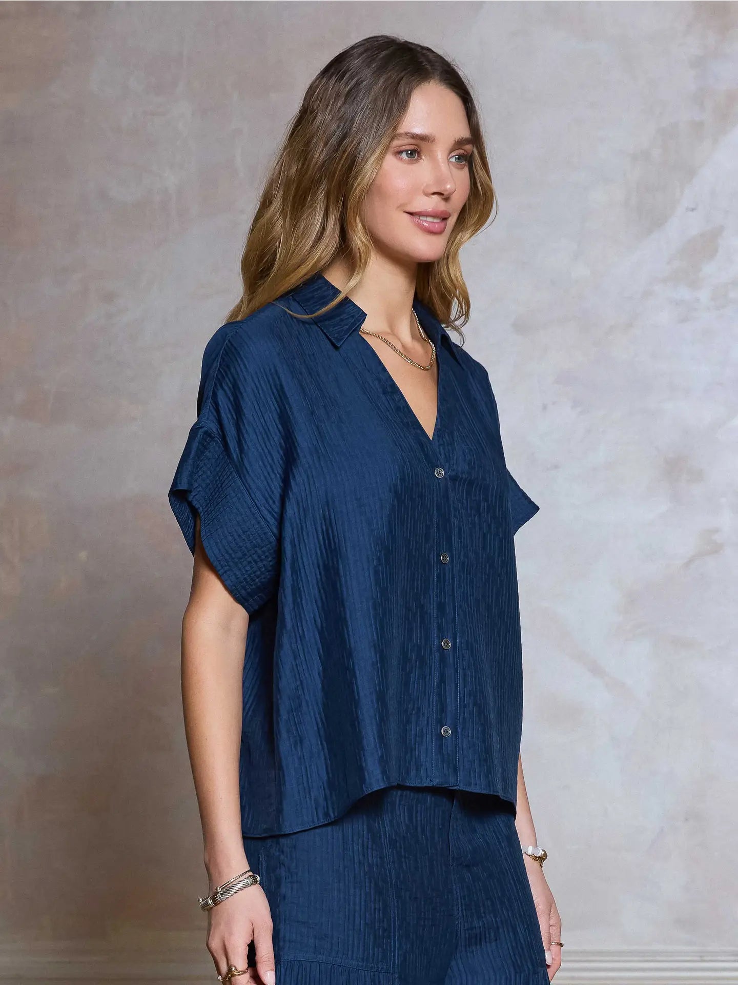 Savannah Oversized Textured Collared Shirt/Navy