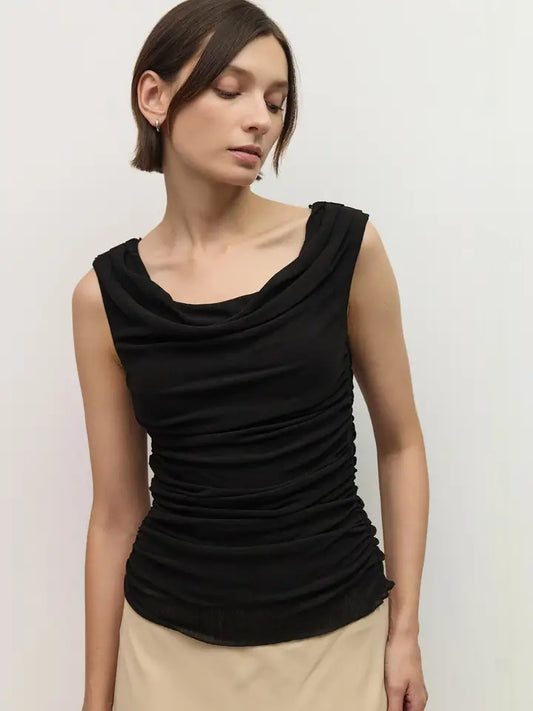 Annabelle Mesh Wide Cowl Neck Top-Blk