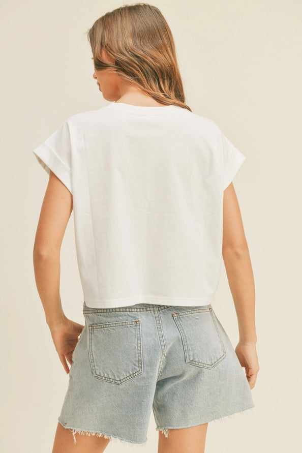 Hazel Round Neck Cuffed Sleeve Tee/White