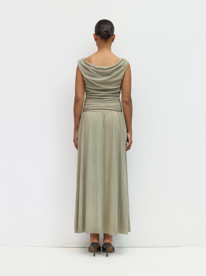 Annabelle Cowl Wide Neck Drape Mesh Midi Dress