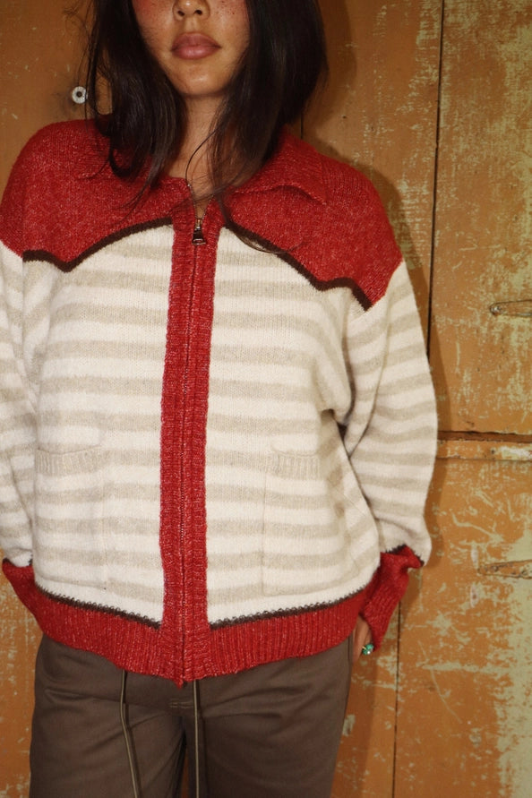 Ruby Stripe Zip Knit Rodeo Graphic Sweater