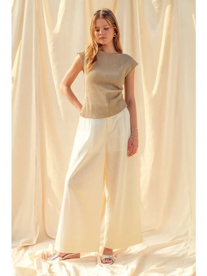 Megan Crinkled Fabric Cap Sleeve Top/Beige