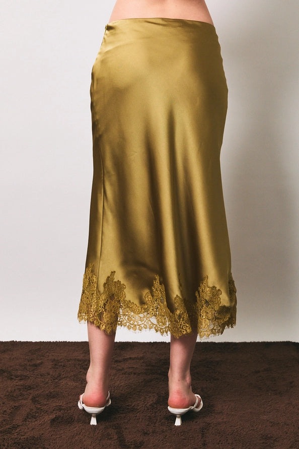 Nora Lace Trim Bias Cut Midi Skirt/Lt. Olive