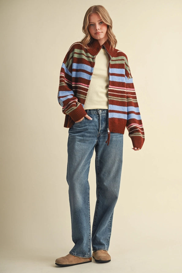 Ryan Striped Mock Neck Zip Cardigan