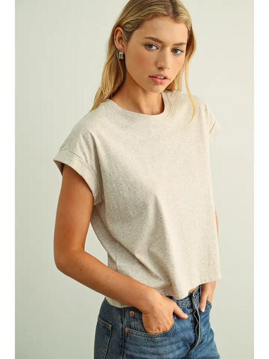 Hazel Round Neck Cuffed Sleeve Tee/Mélange Tan