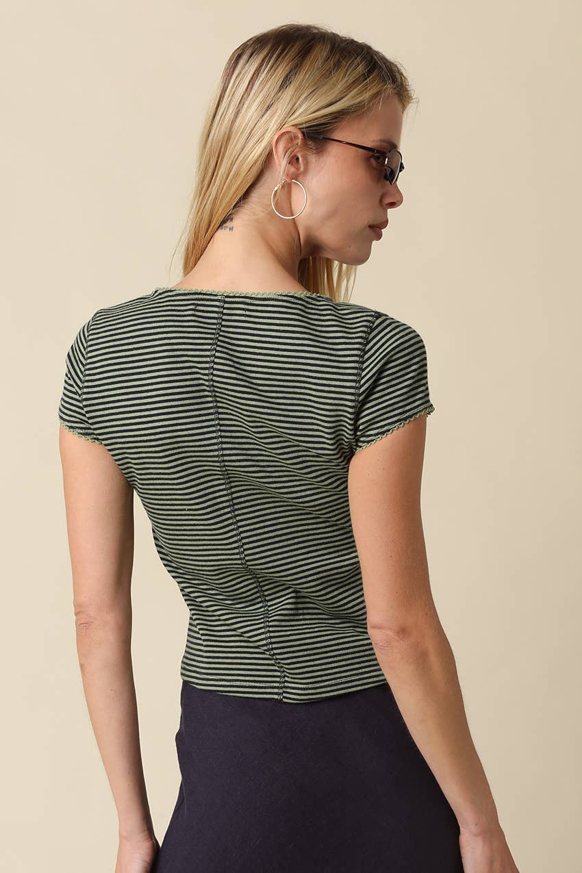 Tahni Striped Button-Front Top/Avocado