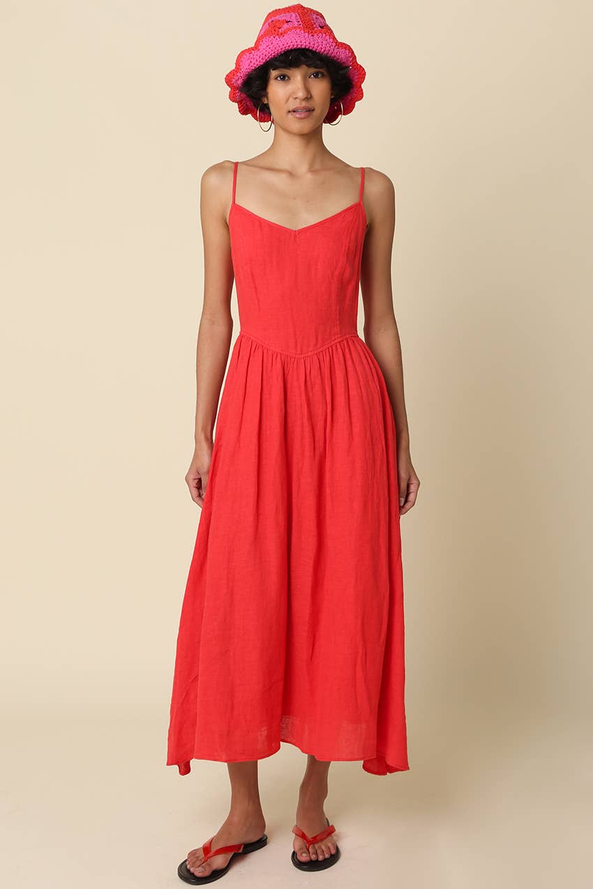 Jodi Linen Sleeveless Maxi Dress/Red