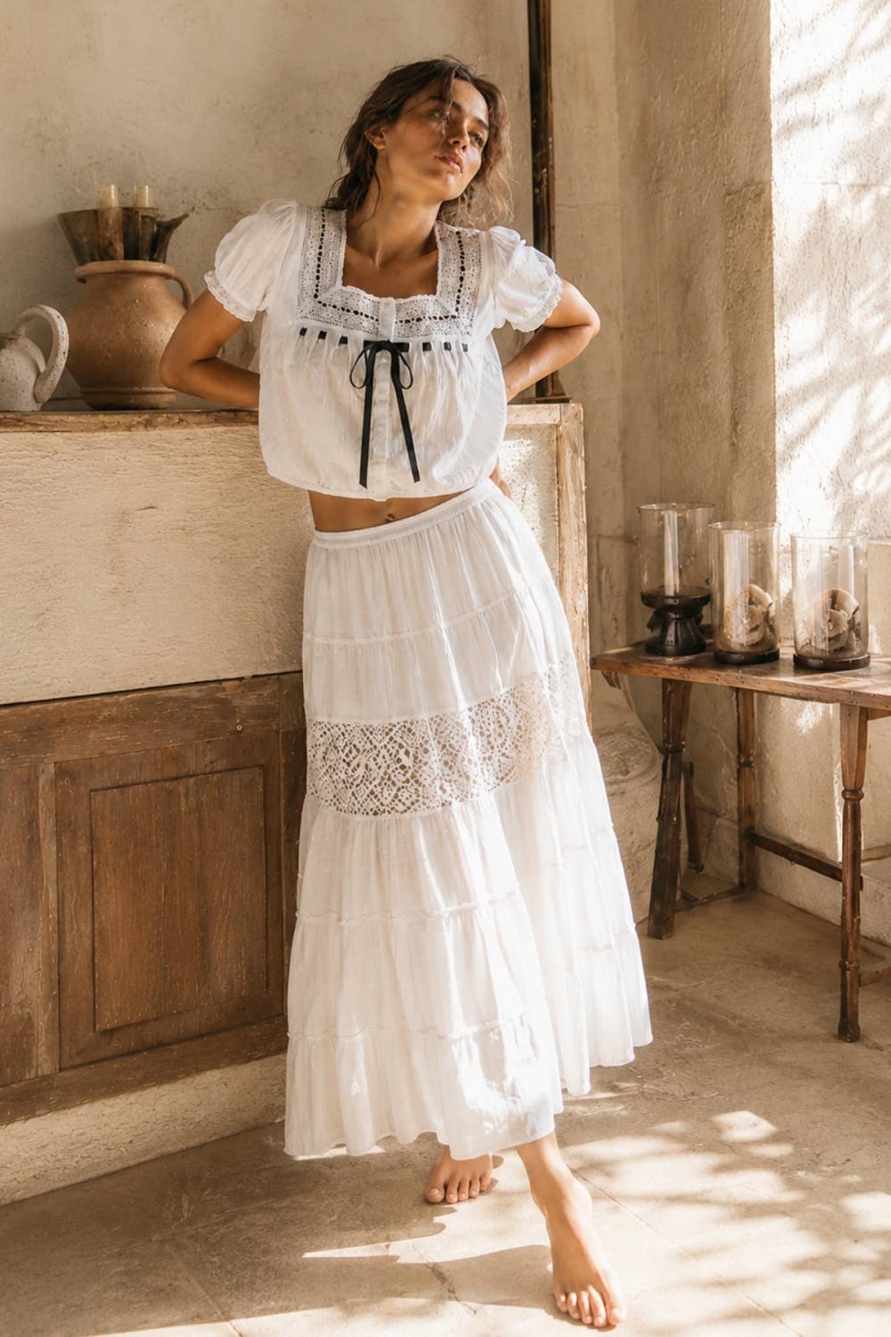 Paloma Square Neck Blouse with Lace/Bow Trim