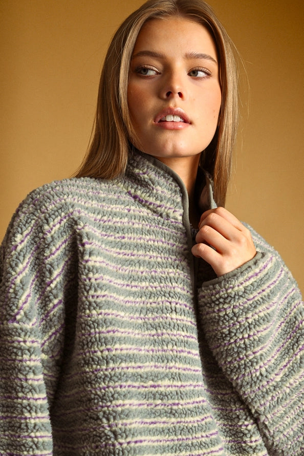 Sara Multi Stripe Sherpa Half Zip Pullover