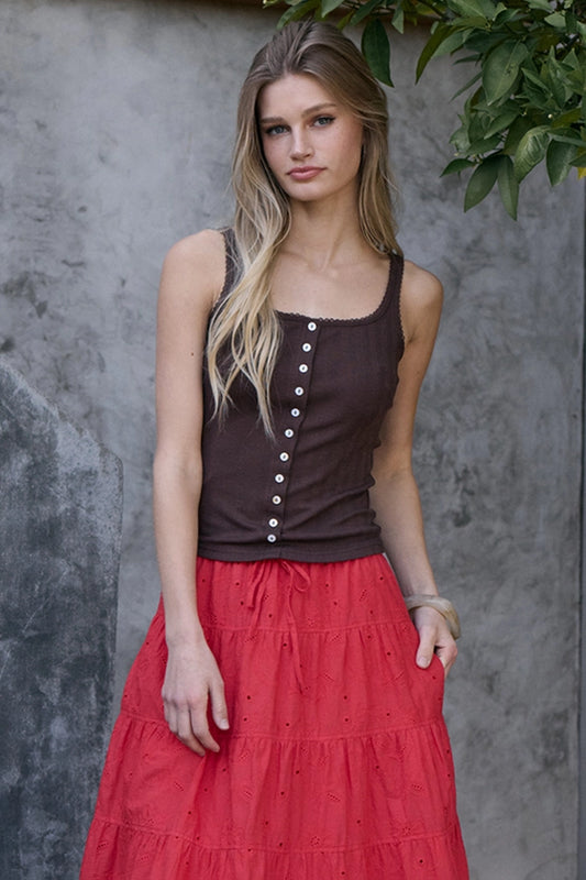 Ella Pointelle Ribbed Button Front Tank Top/Brown