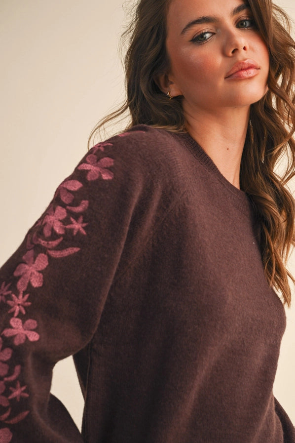 Anne Marie Floral Embroidery Pullover Sweater/Brown