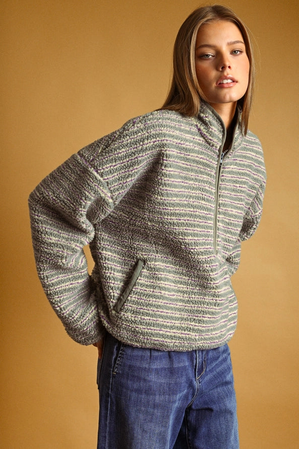 Sara Multi Stripe Sherpa Half Zip Pullover