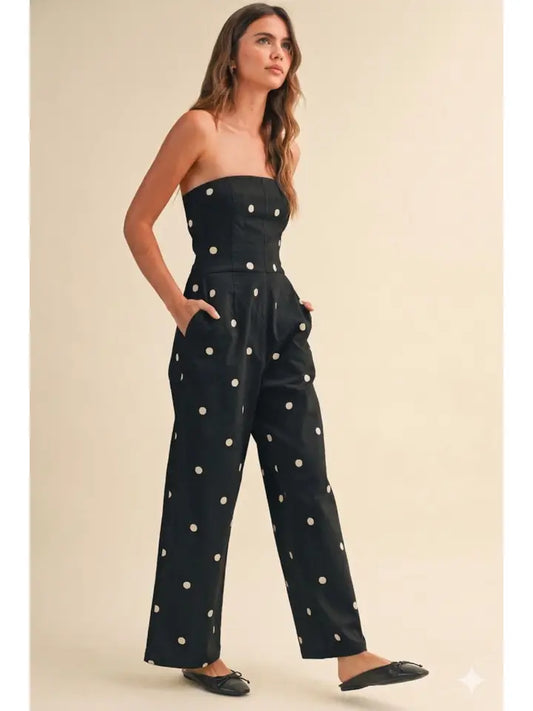 Teresa Polka Dot Strapless Jumpsuit-Black/Cream