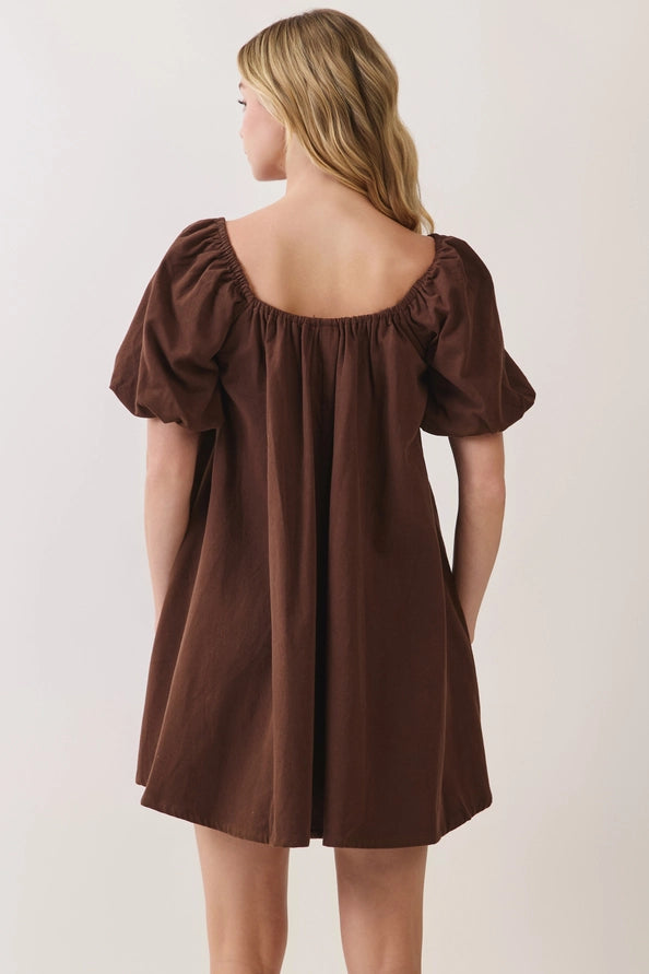 Catherine Woven Babydoll Dress Puff Sleeves/Brown