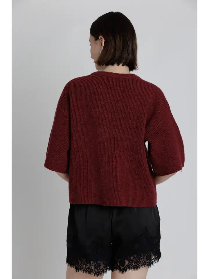 Callie Button Down Short Sleeve Sweater Top/Burgundy