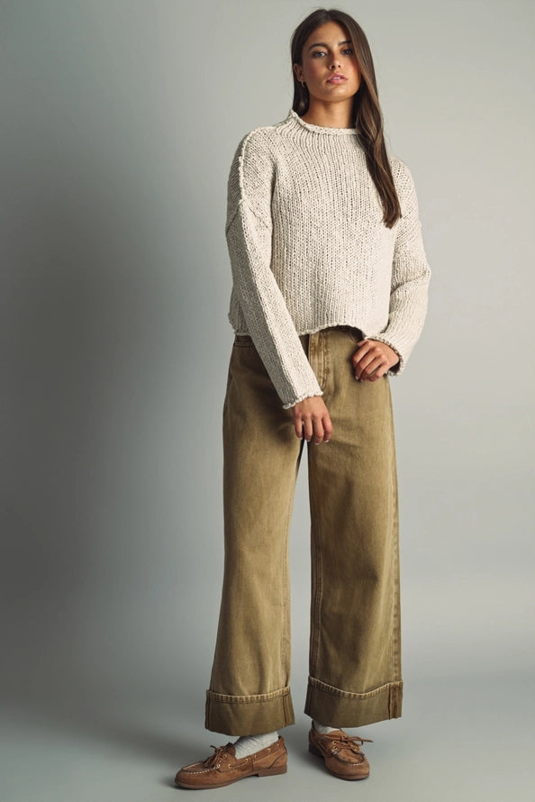 Adeline Roll Hemming Long Sleeve Knit Top/Ivory