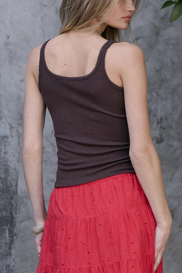 Ella Pointelle Ribbed Button Front Tank Top/Brown