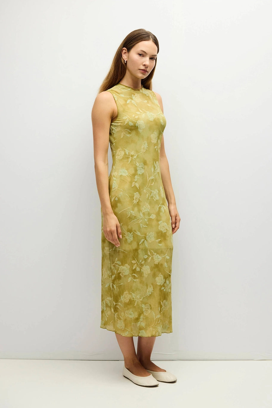Zoe Dress Midi Floral Mock Neck/Chartreuse