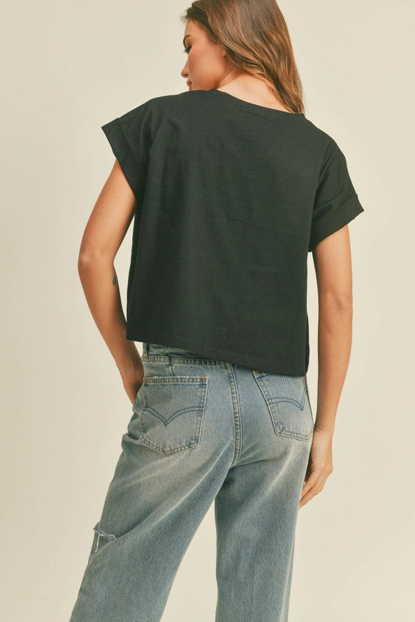 Carolina Round Neck Cuffed Sleeve Top/Black