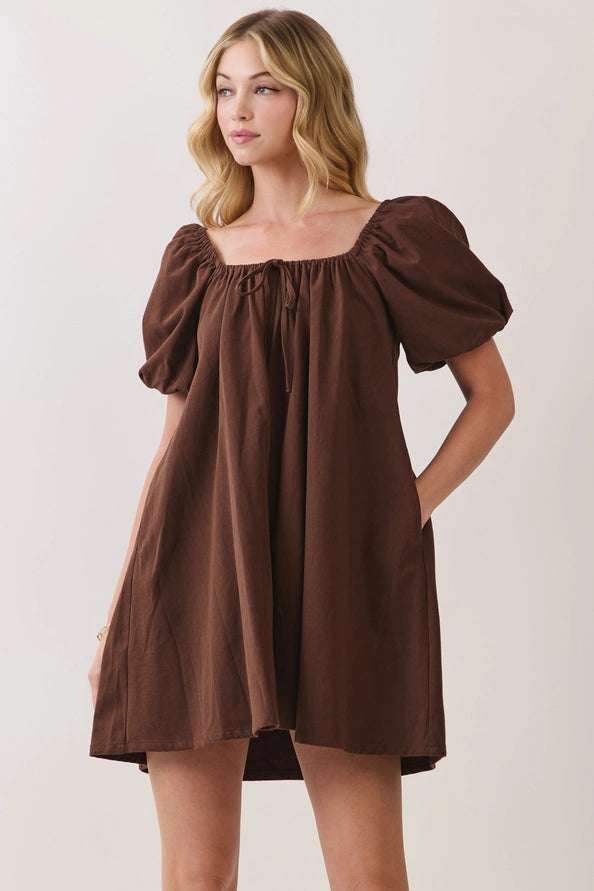 Catherine Woven Babydoll Dress Puff Sleeves/Brown