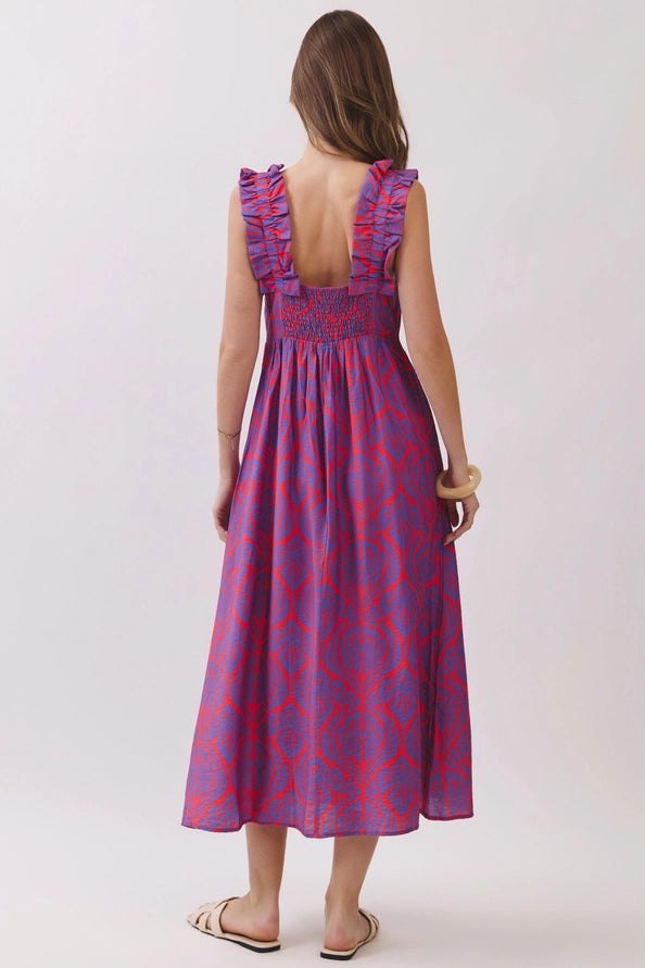 Camilia Ruffle Strap Geometric Print Midi Dress