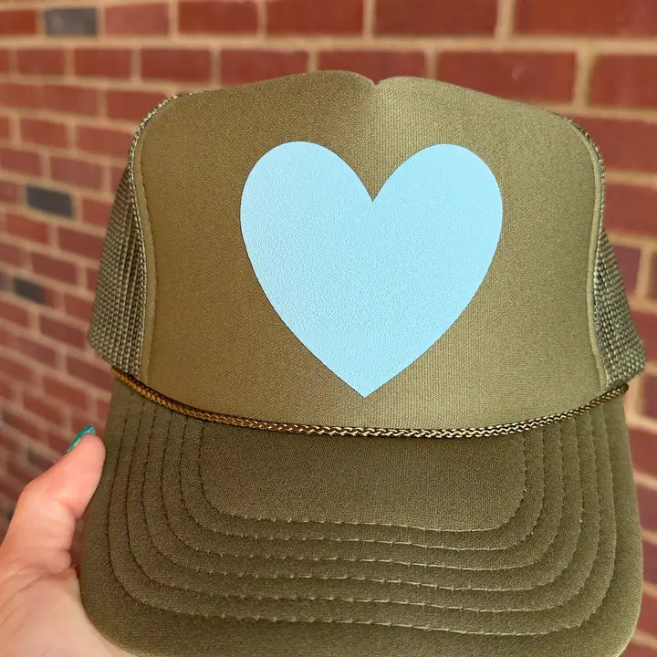 Happy Heart Trucker Hat: Olive + Light Blue