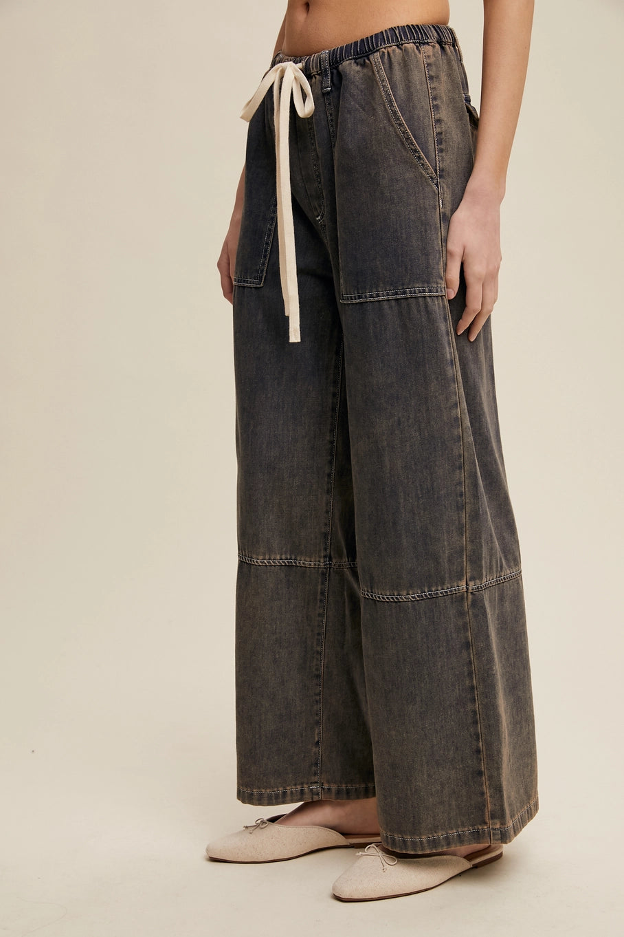 Clara Wide Leg Denim Drawstring Pants