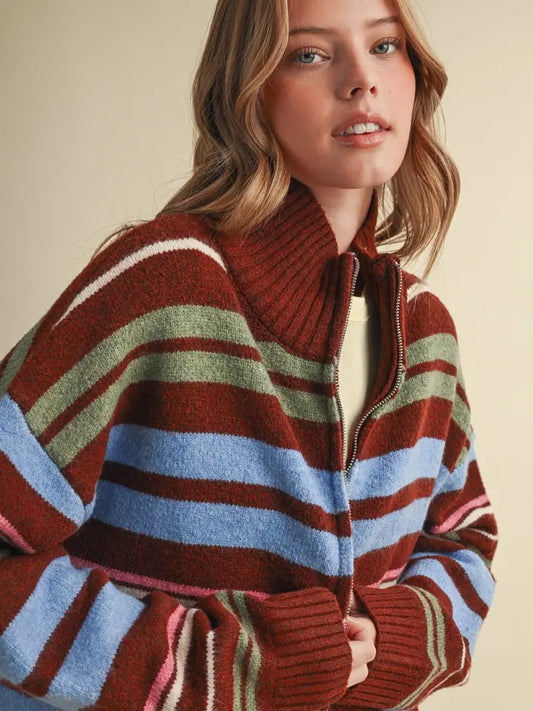 Ryan Striped Mock Neck Zip Cardigan