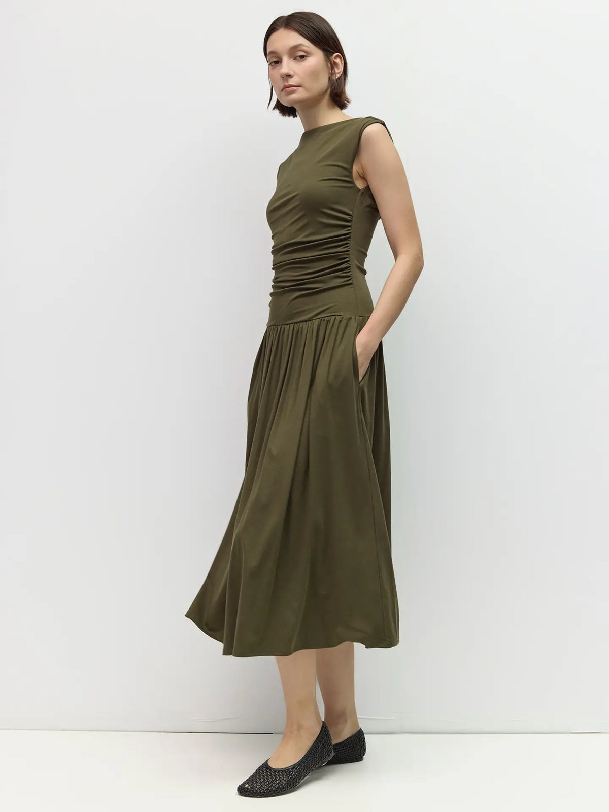 Amara Wide Cowl Neck Ruched Midi Dress/Olive