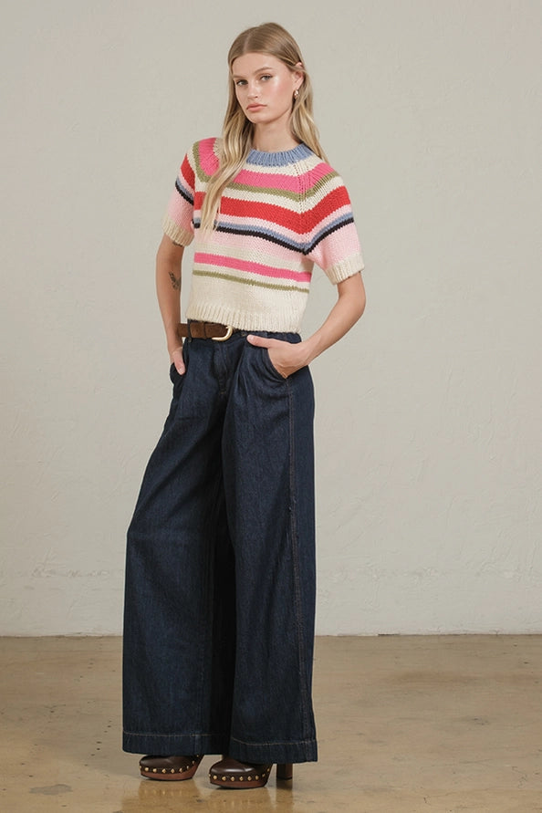 Kari Multi Color Chunky Knit Short Sleeve Sweater Top