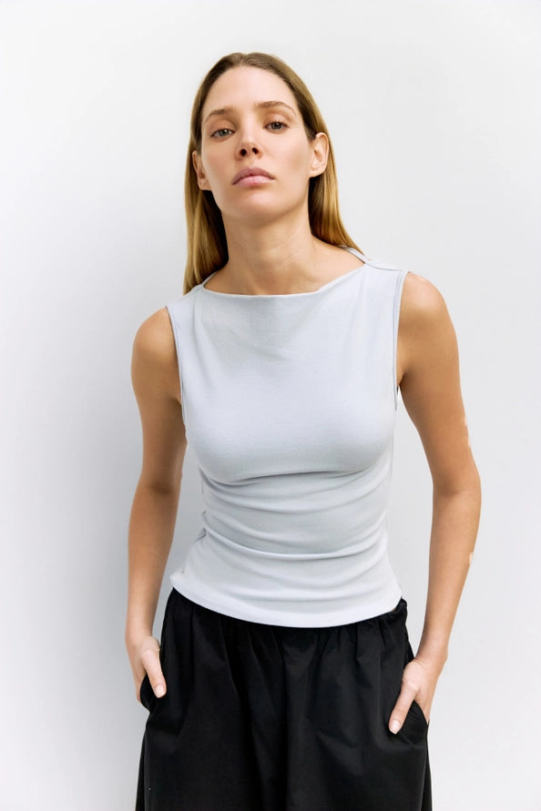 Suzy Cowl Neck Tank Top w/ Scoop Back Detail/Lt. Blue