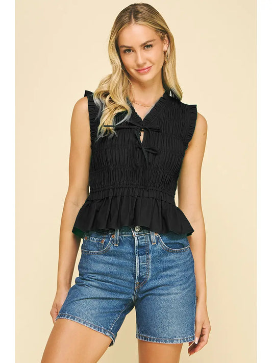 Elle Front Tie Detailed Smocking Top/Black