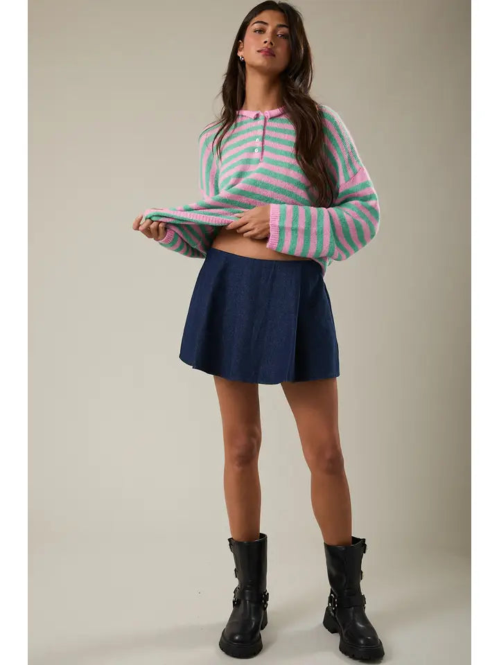 Alexis Long Sleeve Rolled Hem Half Button Down Stripe Knit