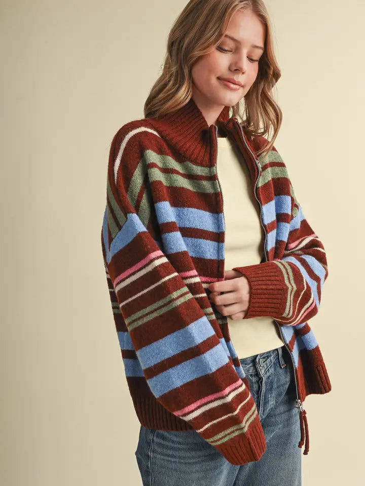 Ryan Striped Mock Neck Zip Cardigan