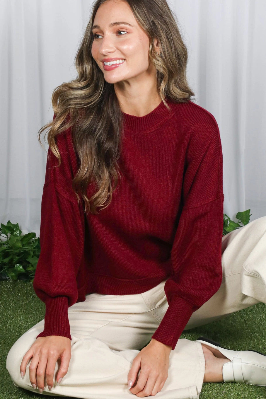 Molly Crew Neck Balloon Sleeve Sweater Top/Burgundy