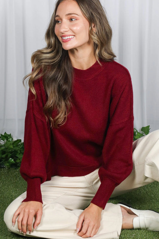 Molly Crew Neck Balloon Sleeve Sweater Top/Burgundy