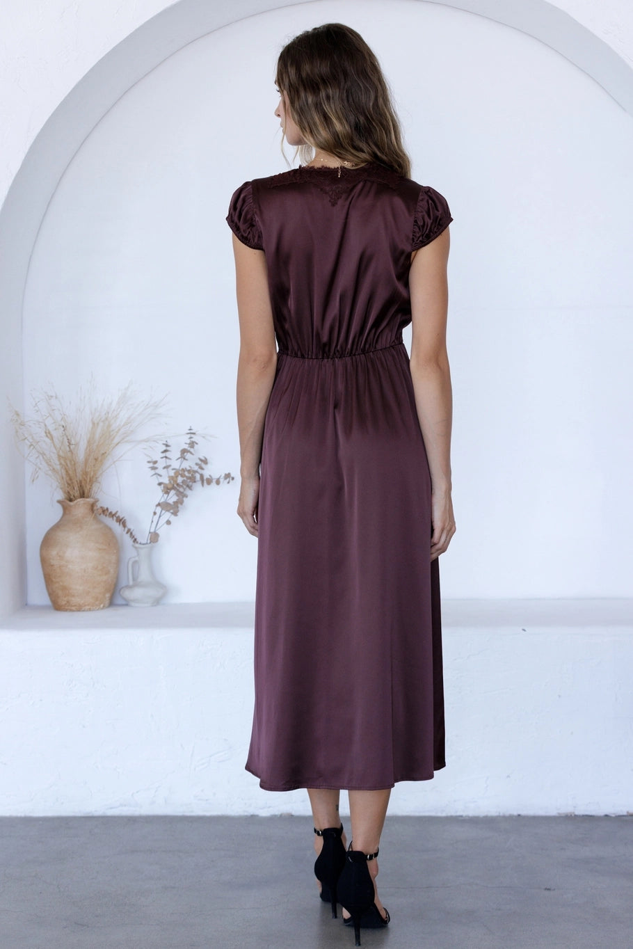 Jayda Satin Lace Trim Dress/Eggplant