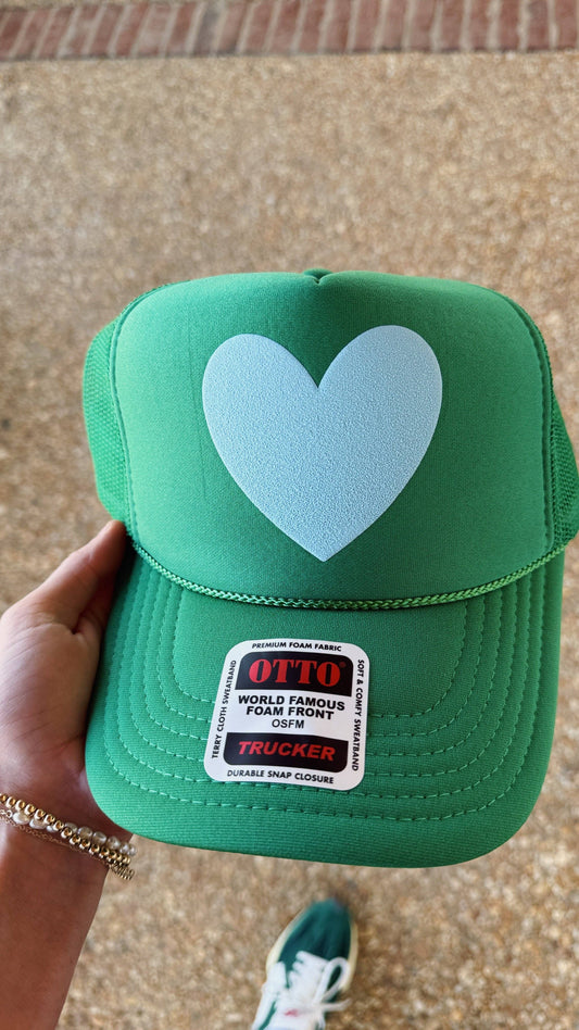Happy Heart Trucker Hat: Kelly green + light blue