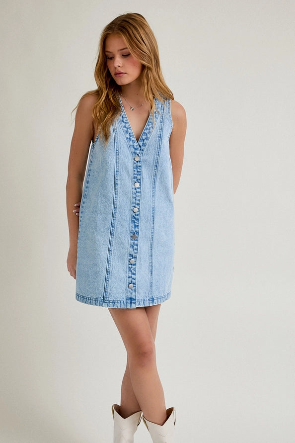 Rebecca Sleeveless V-neck Denim Button Down Dress
