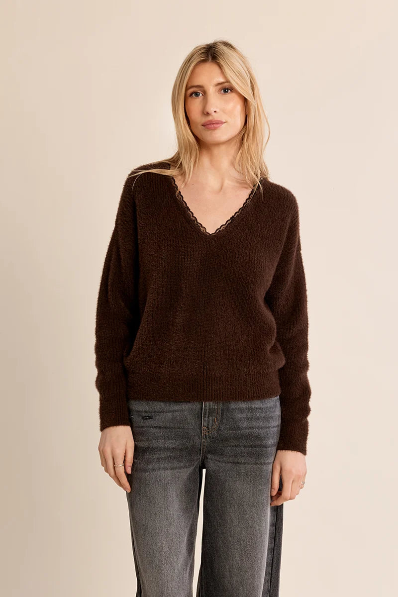 Sasha Brown V neck Sweater w/ Lace Trim