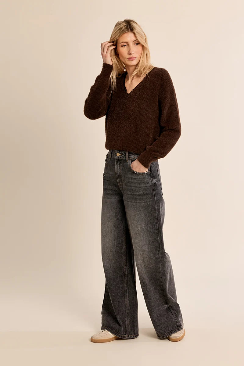 Sasha Brown V neck Sweater w/ Lace Trim
