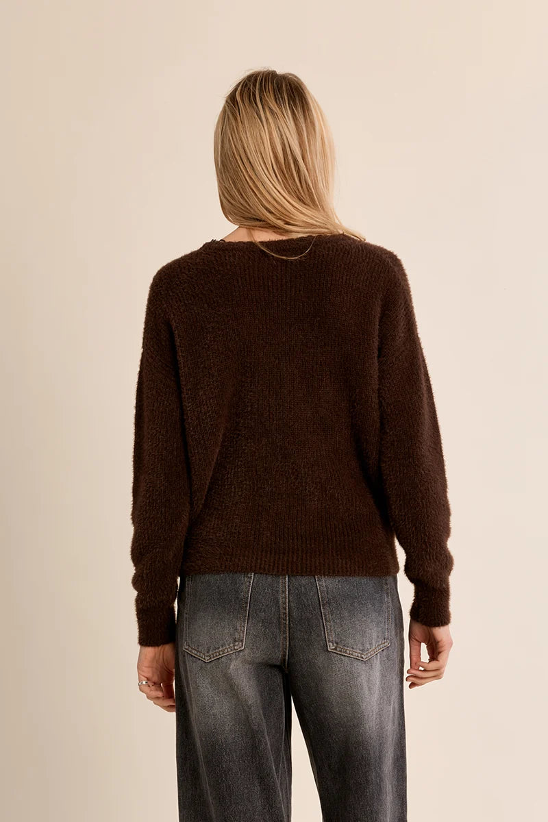 Sasha Brown V neck Sweater w/ Lace Trim